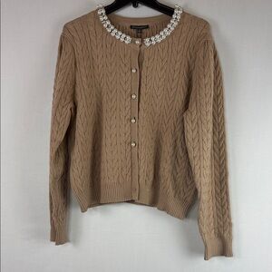 Adrianna Papell Tan Cardigan with Pearl Details(001)